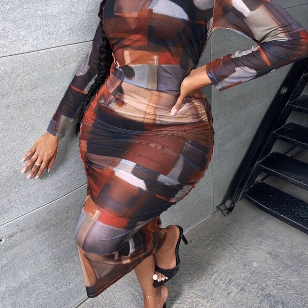 Sheer Long Sleeve Ruched Maxi Dress